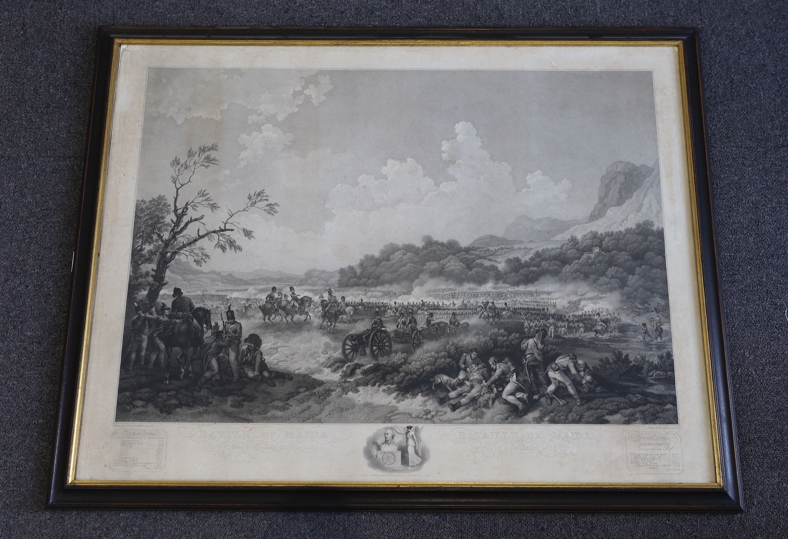 Anthony Cardon after Philip James de Loutherbourg, stipple engraving, 'Battle of Maida The 4 of July 1806', published by Cordon 1810, visible sheet 65 x 84.5cm